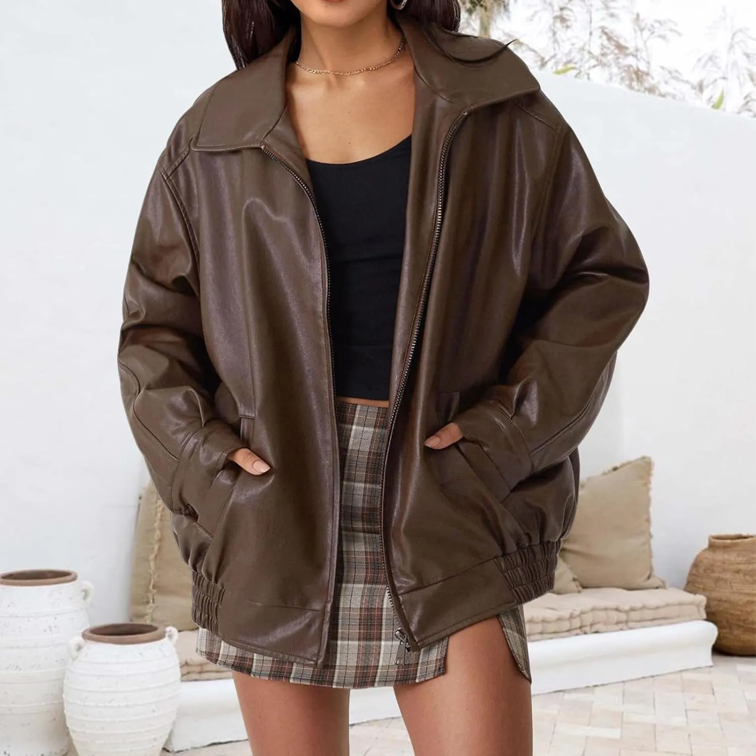Womens Faux Leather Jacket Oversized Zip Up Motorcycle Coats Casual Moto Biker Coat Fall Fashion Winter Outfits