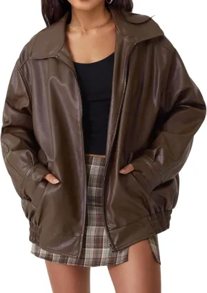 Womens Faux Leather Jacket Oversized Zip Up Motorcycle Coats Casual Moto Biker Coat Fall Fashion Winter Outfits