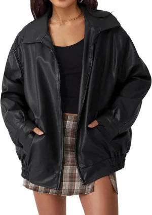 Womens Faux Leather Jacket Oversized Zip Up Motorcycle Coats Casual Moto Biker Coat Fall Fashion Winter Outfits