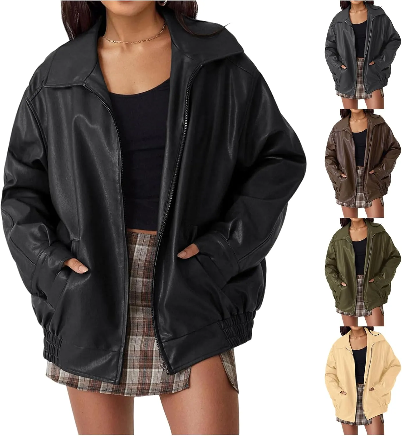 Womens Faux Leather Jacket Oversized Zip Up Motorcycle Coats Casual Moto Biker Coat Fall Fashion Winter Outfits
