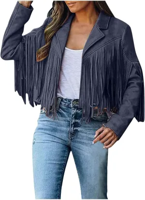 Women'S Faux Suede Leather Fringe Jacket Cowgirl Crop Moto Biker Jackets Open Front Tassel Coat Tops 2024 Trendy Brown Jacket Women Black Crop Jacket