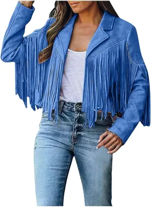 Women's Faux Suede Leather Fringe Jacket Cowgirl Crop Moto Biker Jackets Open Front Tassel Coat Tops 2024 Trendy