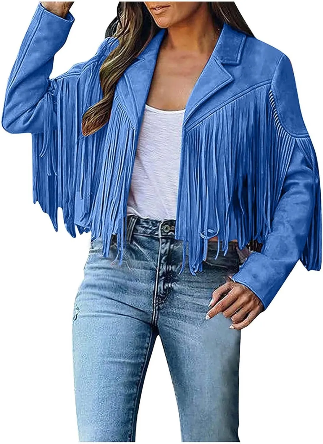 Women's Faux Suede Leather Fringe Jacket Cowgirl Crop Moto Biker Jackets Open Front Tassel Coat Tops 2024 Trendy