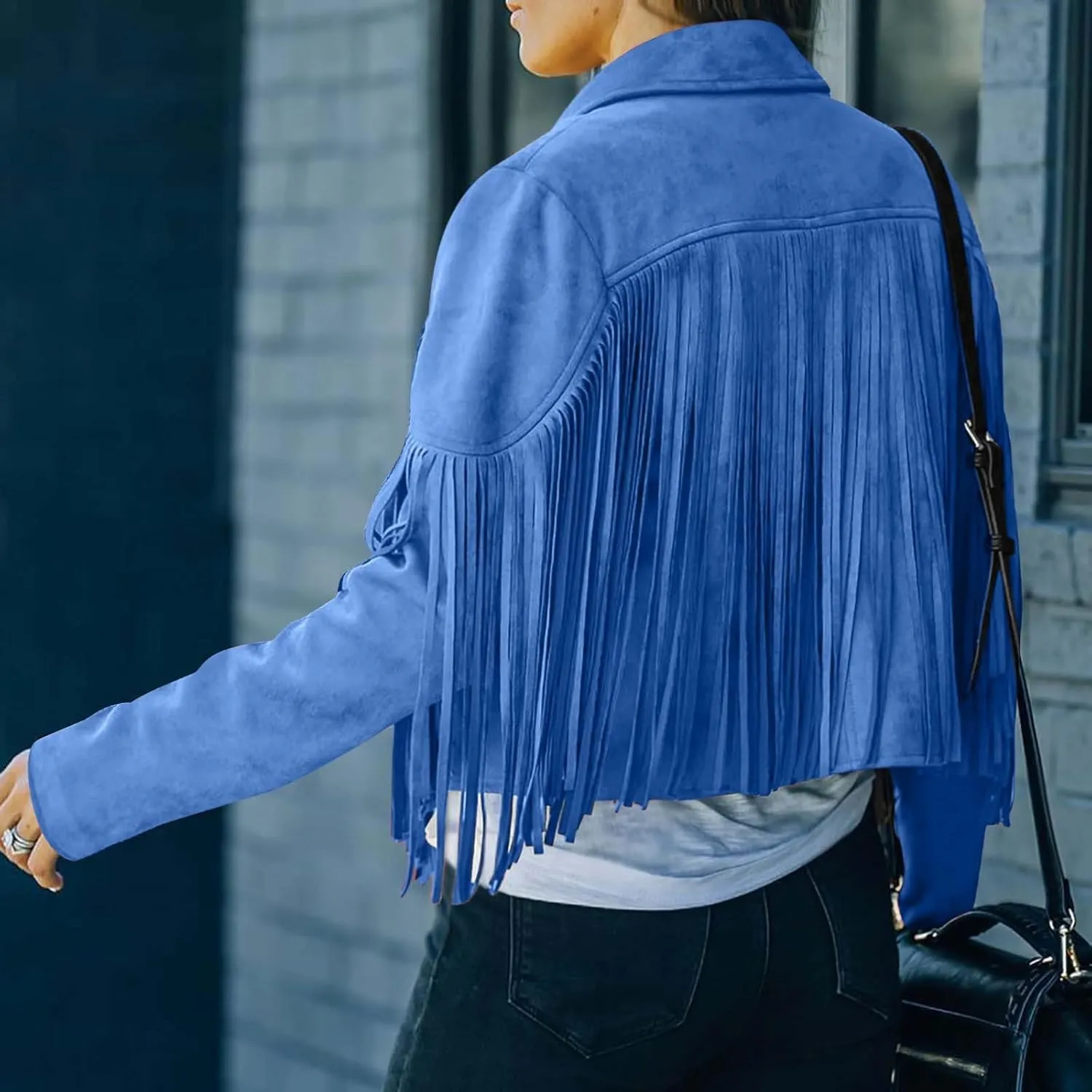 Women's Faux Suede Leather Fringe Jacket Cowgirl Crop Moto Biker Jackets Open Front Tassel Coat Tops 2024 Trendy