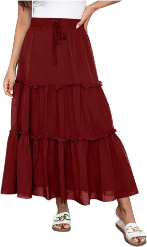 Womens Flowy Boho Maxi Skirt Elastic High Waist A Line Pleated Tiered Summer Casual Graduation Beach Long Skirts with Pockets