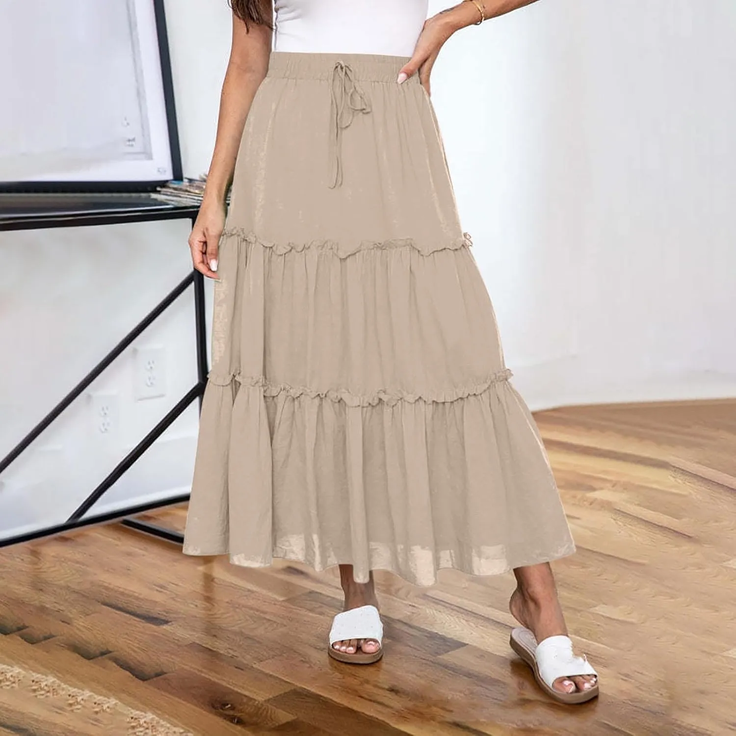 Womens Flowy Boho Maxi Skirt Elastic High Waist A Line Pleated Tiered Summer Casual Graduation Beach Long Skirts with Pockets