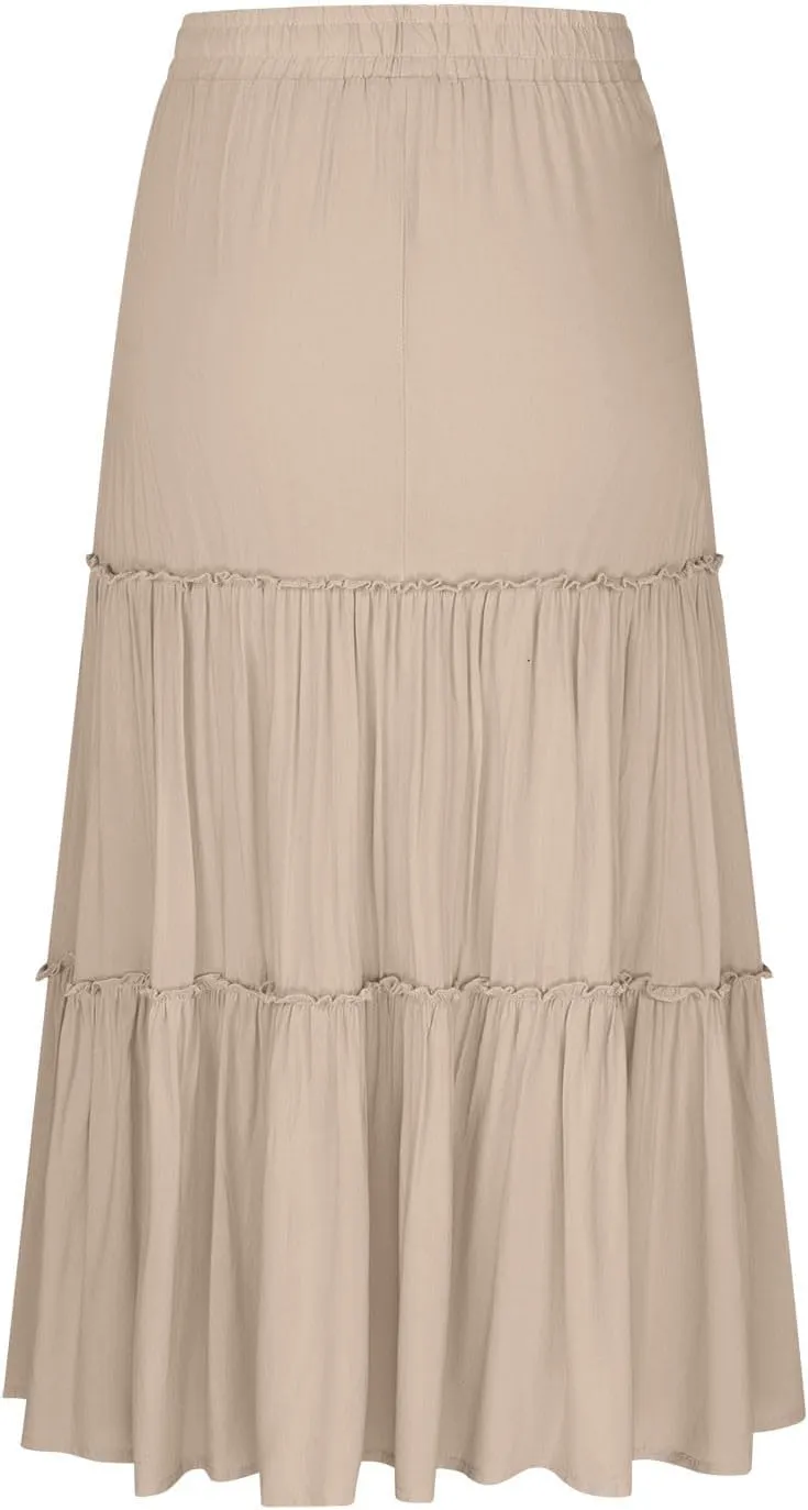 Womens Flowy Boho Maxi Skirt Elastic High Waist A Line Pleated Tiered Summer Casual Graduation Beach Long Skirts with Pockets