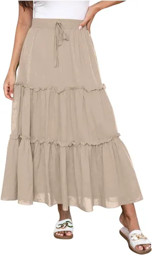 Womens Flowy Boho Maxi Skirt Elastic High Waist A Line Pleated Tiered Summer Casual Graduation Beach Long Skirts with Pockets