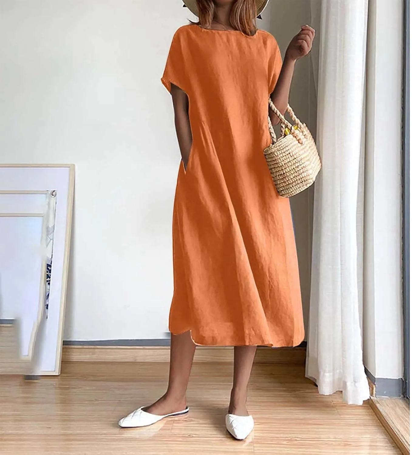 Women's Flowy Cotton Linen Dress Summer Beach Casual Loose Short Sleeve Round Neck Baggy Basic Solid Color Long Dress