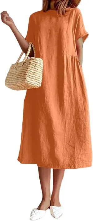 Women's Flowy Cotton Linen Dress Summer Beach Casual Loose Short Sleeve Round Neck Baggy Basic Solid Color Long Dress