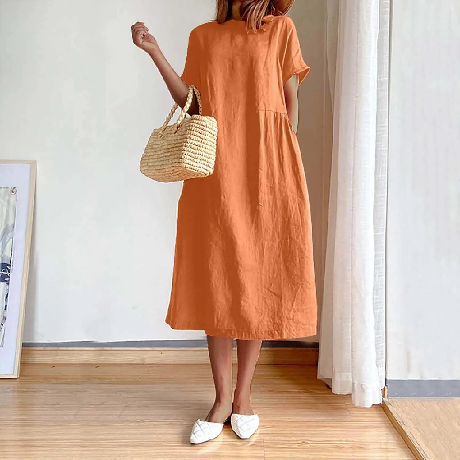 Women's Flowy Cotton Linen Dress Summer Beach Casual Loose Short Sleeve Round Neck Baggy Basic Solid Color Long Dress