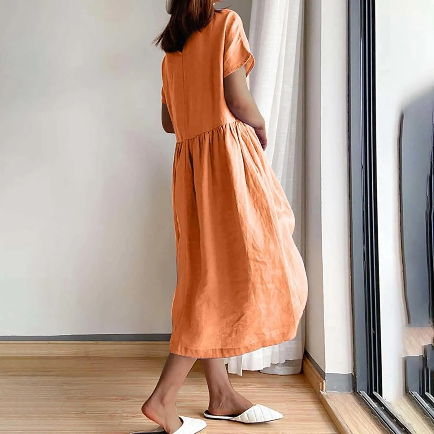 Women's Flowy Cotton Linen Dress Summer Beach Casual Loose Short Sleeve Round Neck Baggy Basic Solid Color Long Dress
