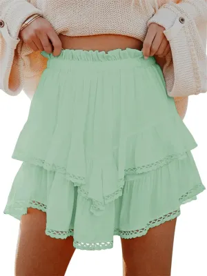 Womens Flowy Ruffle Tiered Shorts Elastic High Waist Pleated Mini Skirt, High Waist Mini Skirts Flowy Skirts for Women