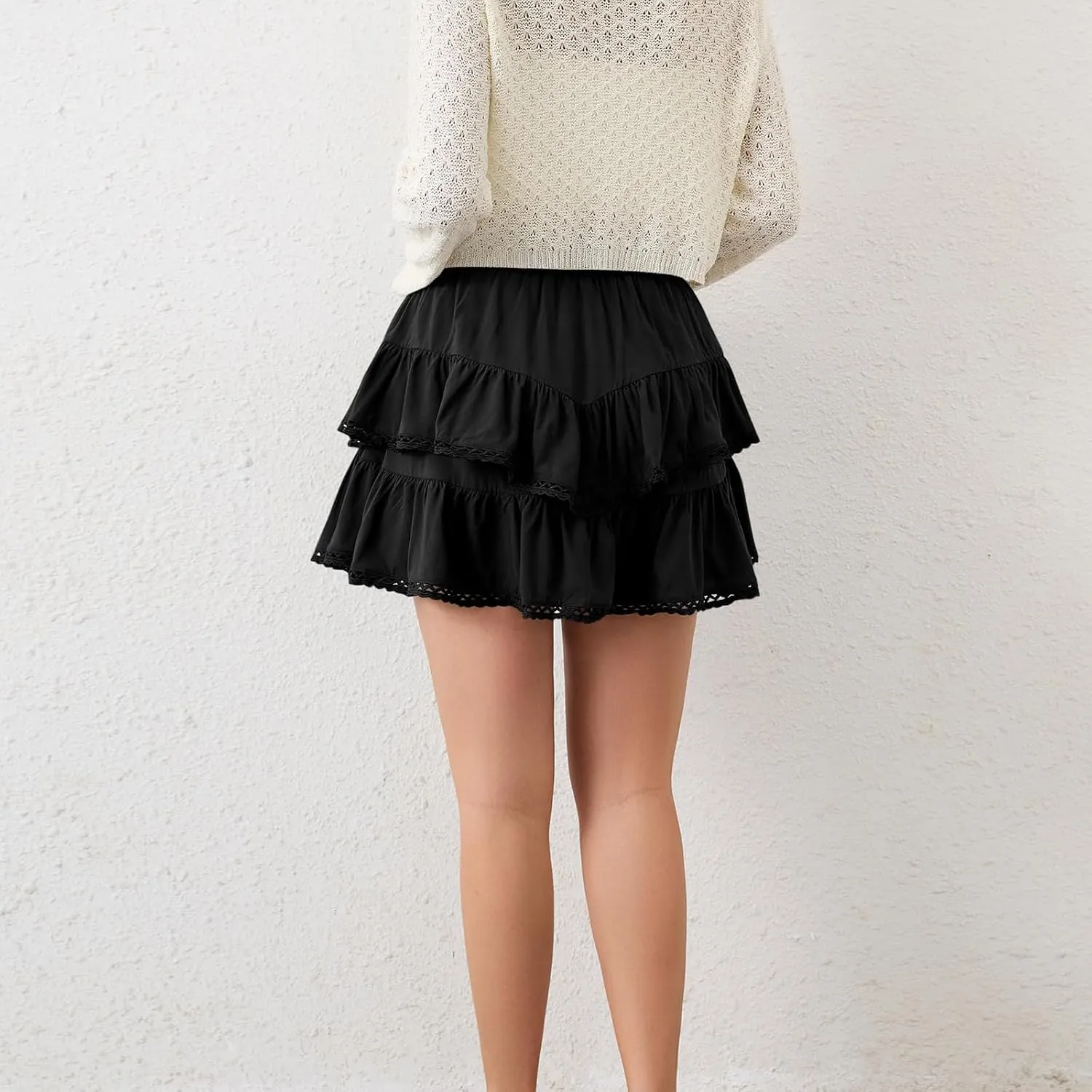 Womens Flowy Ruffle Tiered Shorts Elastic High Waist Pleated Mini Skirt, High Waist Mini Skirts Flowy Skirts for Women