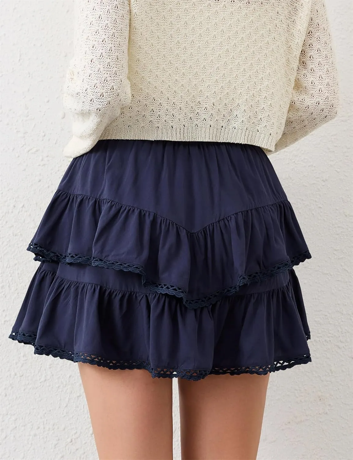 Womens Flowy Ruffle Tiered Shorts Elastic High Waist Pleated Mini Skirt, High Waist Mini Skirts Flowy Skirts for Women