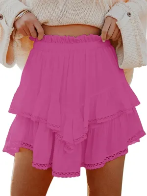 Womens Flowy Ruffle Tiered Shorts Elastic High Waist Pleated Mini Skirt, High Waist Mini Skirts Flowy Skirts for Women