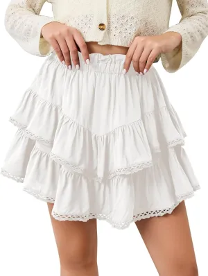 Womens Flowy Ruffle Tiered Shorts Elastic High Waist Pleated Mini Skirt, High Waist Mini Skirts Flowy Skirts for Women