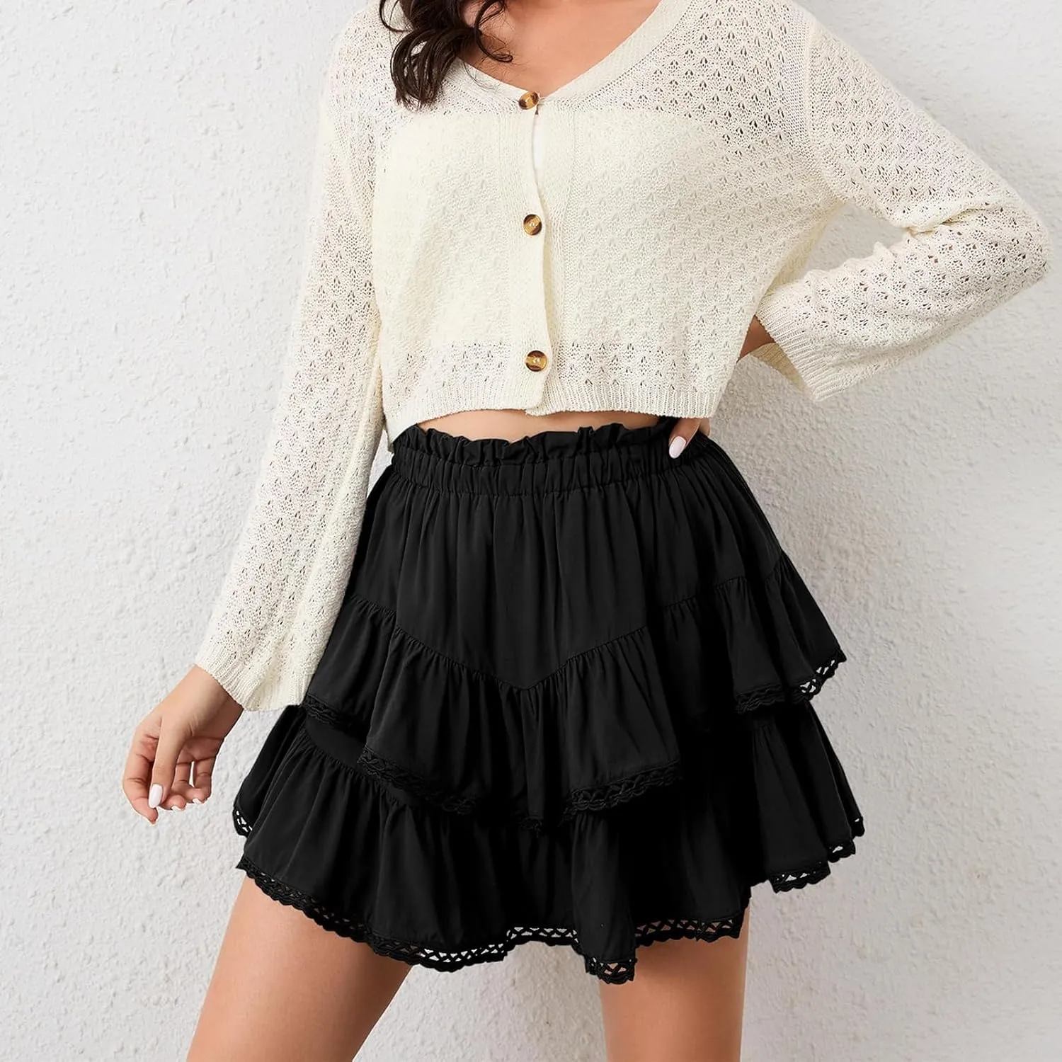 Womens Flowy Ruffle Tiered Shorts Elastic High Waist Pleated Mini Skirt, High Waist Mini Skirts Flowy Skirts for Women
