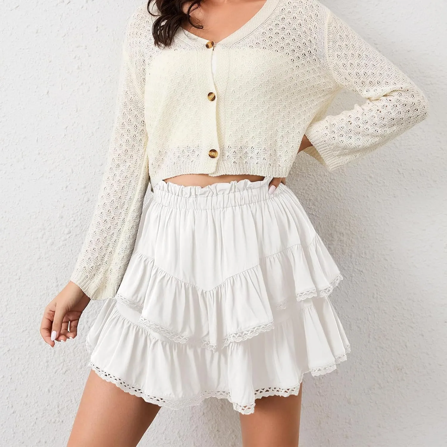 Womens Flowy Ruffle Tiered Shorts Elastic High Waist Pleated Mini Skirt, High Waist Mini Skirts Flowy Skirts for Women
