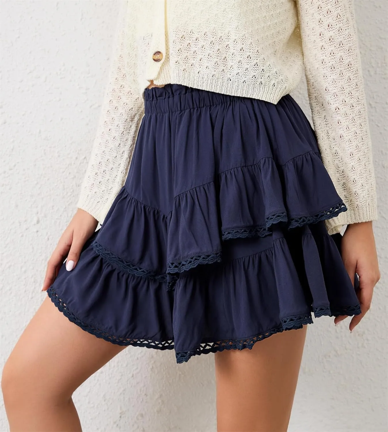 Womens Flowy Ruffle Tiered Shorts Elastic High Waist Pleated Mini Skirt, High Waist Mini Skirts Flowy Skirts for Women