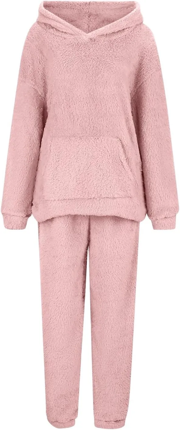 Women's Fuzzy Fleece Sweatsuits Winter Fluffy Loungewear Sleepwear Casual Hoodies and Pants Lounge Pajamas Sets