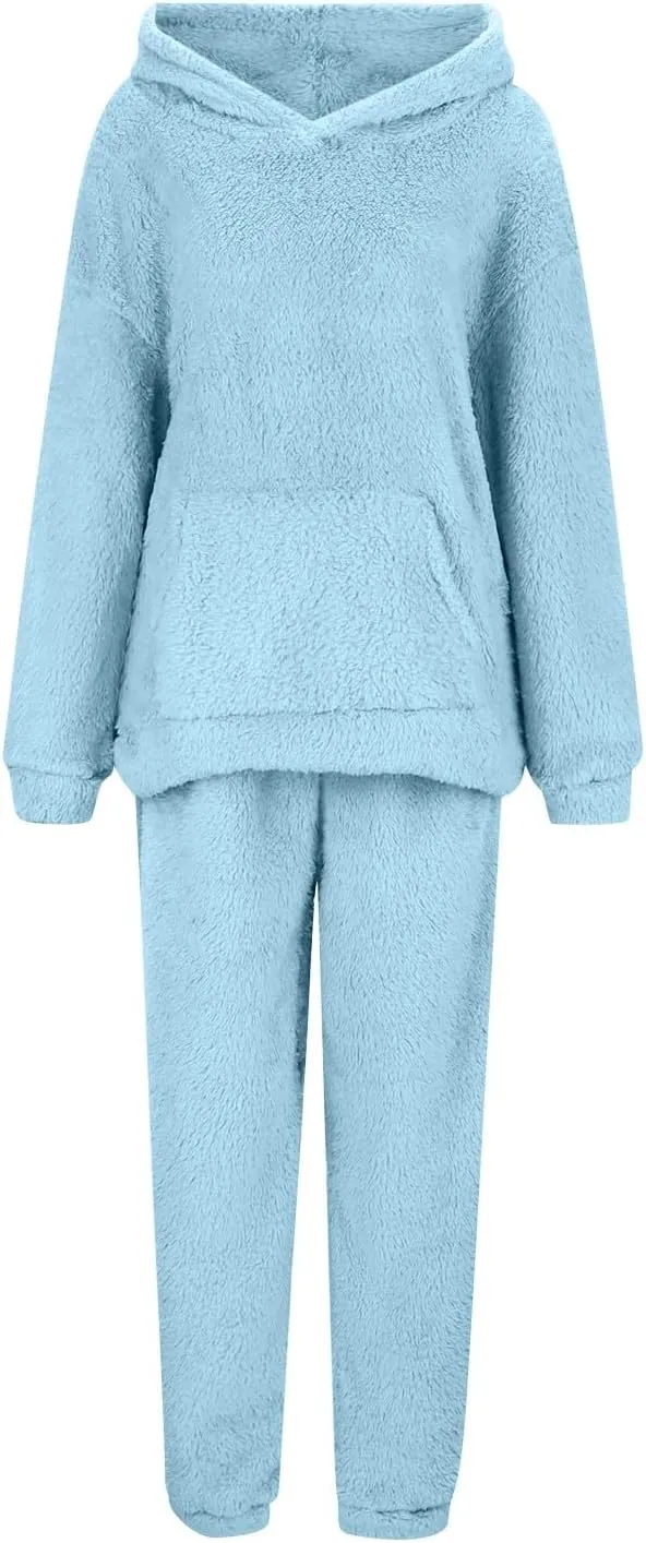 Women's Fuzzy Fleece Sweatsuits Winter Fluffy Loungewear Sleepwear Casual Hoodies and Pants Lounge Pajamas Sets