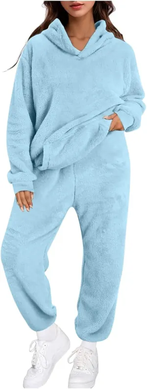 Women's Fuzzy Fleece Sweatsuits Winter Fluffy Loungewear Sleepwear Casual Hoodies and Pants Lounge Pajamas Sets