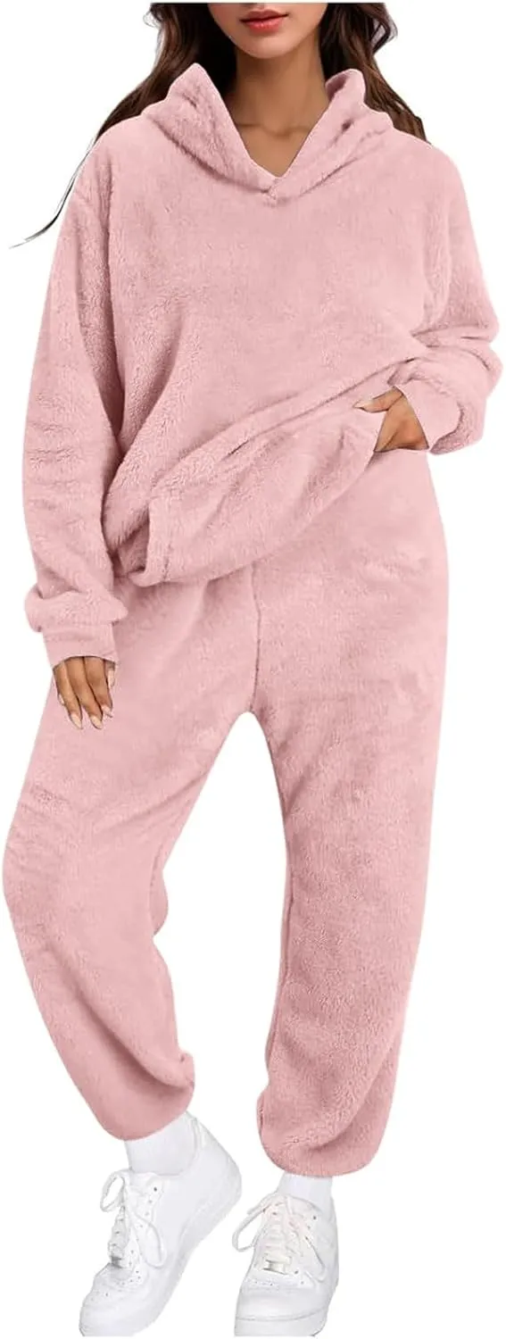 Women's Fuzzy Fleece Sweatsuits Winter Fluffy Loungewear Sleepwear Casual Hoodies and Pants Lounge Pajamas Sets