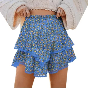 Women's High Waist Ruffle Flowy Mini Skirts Stretchy High Waist Boho Floral Layered Pleated Casual Beach Short Skirt