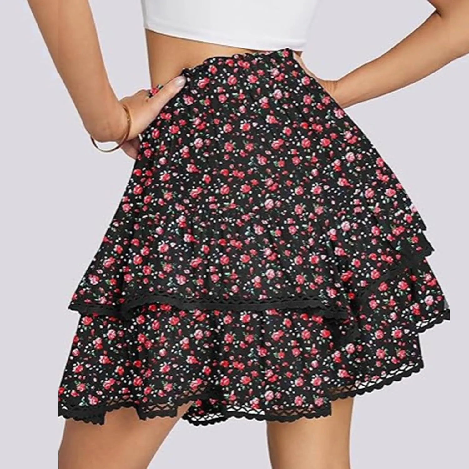 Women's High Waist Ruffle Flowy Mini Skirts Stretchy High Waist Boho Floral Layered Pleated Casual Beach Short Skirt