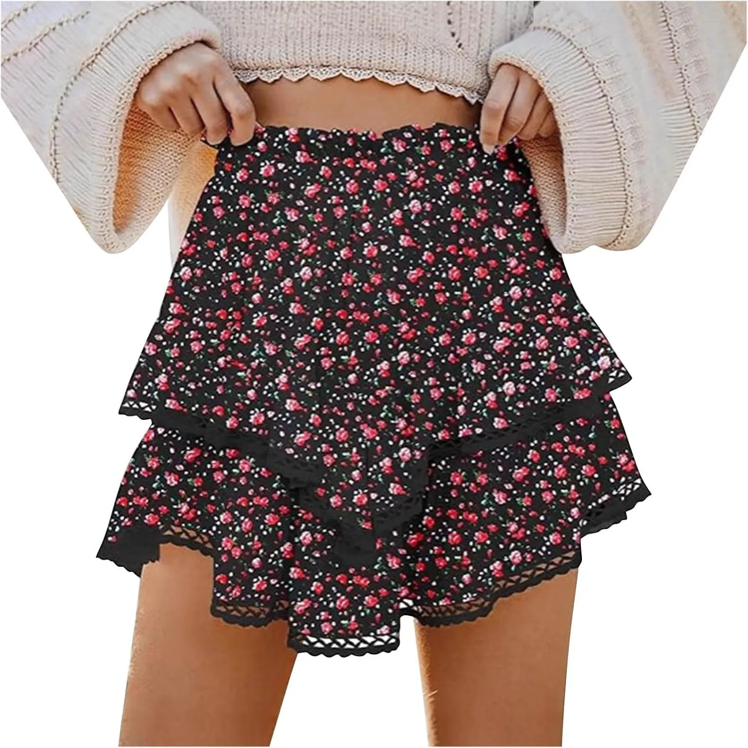 Women's High Waist Ruffle Flowy Mini Skirts Stretchy High Waist Boho Floral Layered Pleated Casual Beach Short Skirt