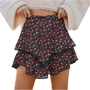 Women's High Waist Ruffle Flowy Mini Skirts Stretchy High Waist Boho Floral Layered Pleated Casual Beach Short Skirt