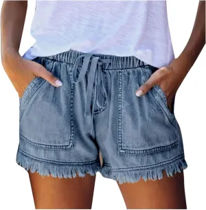 Womens High Waisted Denim Shorts Casual Baggy Trendy Short Pants Elastic Waist Drawstring Frayed Raw Hem Shorts
