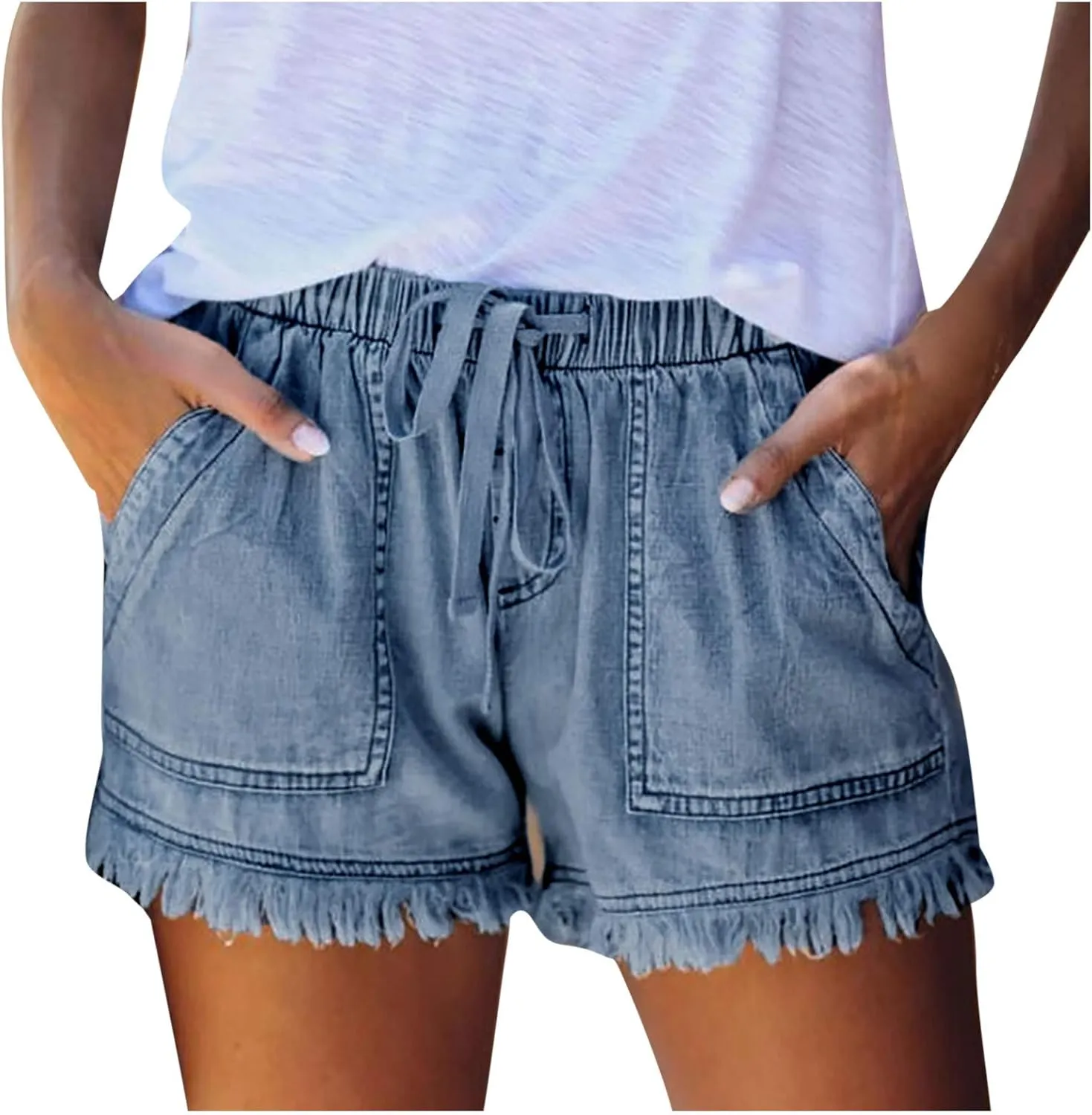 Womens High Waisted Denim Shorts Casual Baggy Trendy Short Pants Elastic Waist Drawstring Frayed Raw Hem Shorts