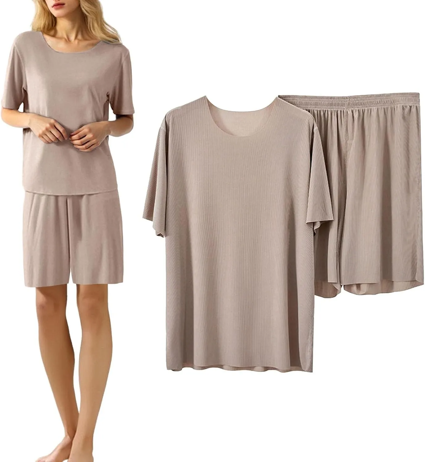 Womens Ice Silk 2 Piece Summer Lounge Short Sleeve Tops and Shorts Loungewear Sets
