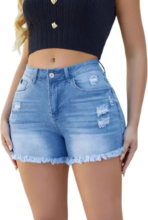 Womens Jean Shorts Plus Size High Waisted Stretchy Casual Denim Shorts Ripped Frayed Hem Summer Trendy Holiday Pants
