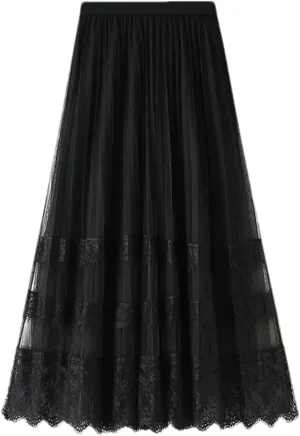 Women's Lace Hollow Long Skirts Korean High Waist Tulle Midi Skirts