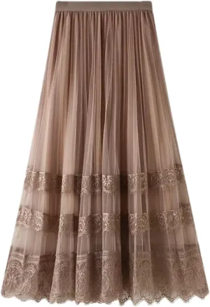 Women's Lace Hollow Long Skirts Korean High Waist Tulle Midi Skirts
