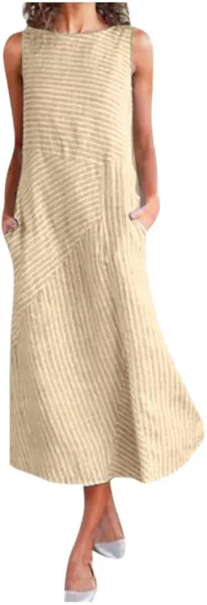 Women's Linen Dresses Summer Sleeveless Flowy Dresses Boho Sun Dress Maxi Dress Beach Long with Pockects
