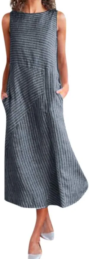 Women's Linen Dresses Summer Sleeveless Flowy Dresses Boho Sun Dress Maxi Dress Beach Long with Pockects