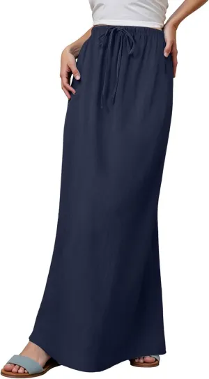 Womens Linen Maxi Skirts Summer Casual Boho Beach Vacation Comfy Flowy Long Drawstring Waist A Line Skirts