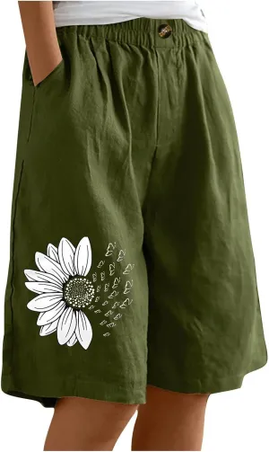 Women's Loose Bermuda Shorts Knee Length Daisy Printing Button Front Shorts Breathable Stretchy Soft-Fit Casual Short