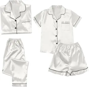 Womens Lounge Set Cute Pajama Sets Deep-V Underwear Robes Neck Lace Satin Pj Set Two Piece Soft Sleepwear Loungewear
