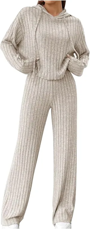 Womens Loungewear Set 2 Piece Knit Lounge Sweater Sets Hoodies Pullover Top and Wide Leg Pant Cozy Sweatsuits