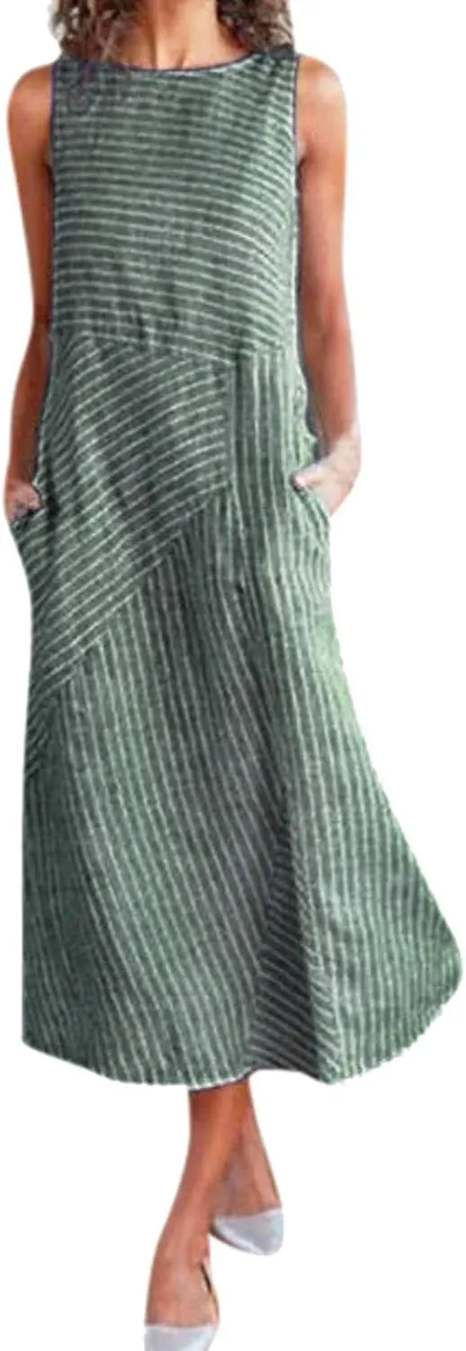 Womens Maxi Dress Linen Dress Summer Sun Dresses Casual Sleeveless Vintage Plus Size Dresses Long with Pockects
