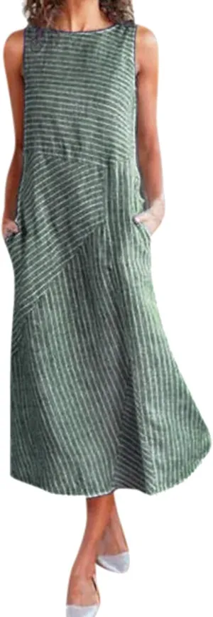 Womens Maxi Dress Linen Dress Summer Sun Dresses Casual Sleeveless Vintage Plus Size Dresses Long with Pockects