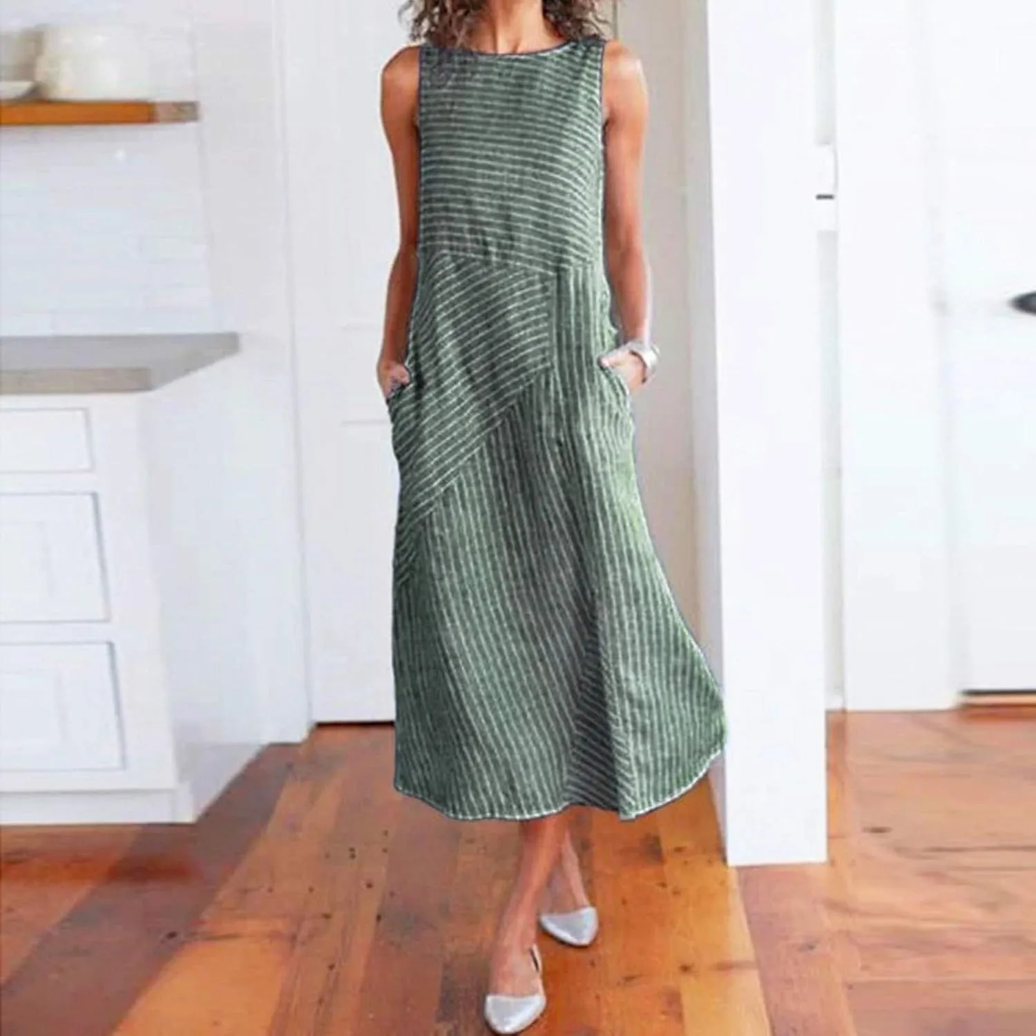 Womens Maxi Dress Linen Dress Summer Sun Dresses Casual Sleeveless Vintage Plus Size Dresses Long with Pockects