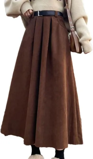 Womens Mid Long Skirts Corduroy Skirt Vintage High Waist Ruffle Pleated Skirts