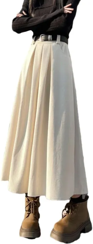 Womens Mid Long Skirts Corduroy Skirt Vintage High Waist Ruffle Pleated Skirts