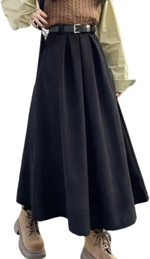 Womens Mid Long Skirts Corduroy Skirt Vintage High Waist Ruffle Pleated Skirts